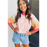 Pink Color Block Stitching Sleeve Round Neck Oversize Top - 2XL thumbnail