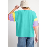 Light Blue Color Block Stitching Sleeve Round Neck Oversize Top - L thumbnail