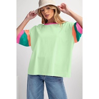 Green Color Block Stitching Sleeve Round Neck Oversize Top - L thumbnail