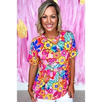 Rose Floral Print Short Sleeve Pleated Babydoll Top - M thumbnail