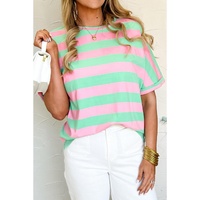 Pink Stripe Colorblock Cuffed Sleeve Loose Tee - M thumbnail