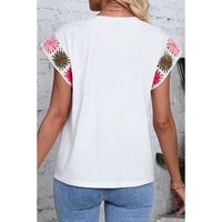 White Floral Crochet Sleeve Crew Neck Top - XL thumbnail