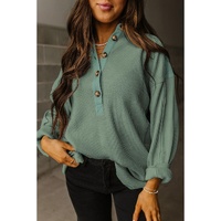 Smoke Green Waffle Long Sleeve Collar Half Button Loose Top - L thumbnail
