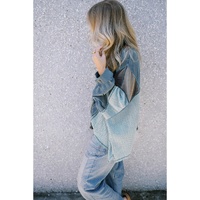 Dusk Blue Colorblock Stitching Patchwork Buttoned Long Sleeve Top - L thumbnail