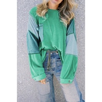 Green Colorblock Stitching Patchwork Buttoned Long Sleeve Top - L thumbnail