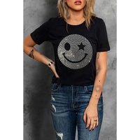 Black Sparkle Rhinestone Smile Face Graphic T Shirt - S thumbnail