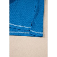 Sky Blue Lace Floral Patchwork Sleeve Stitching V Neck Rib Knit Blouse - L thumbnail