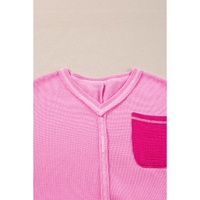 Bonbon Lace Floral Patchwork Sleeve Stitching V Neck Rib Knit Blouse - L thumbnail