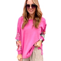Sachet Pink Mixed Print Patch Drop Shoulder Pullover Top - S thumbnail