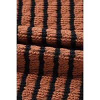 Brown Stripe Textured Frilly Trim Buttons Henley Long Sleeve Top - L thumbnail