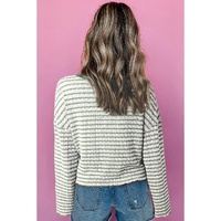 Green Stripe Textured Frilly Trim Buttons Henley Long Sleeve Top - L thumbnail
