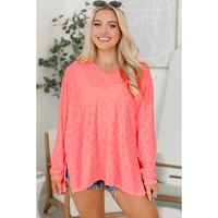 Apricot Pink Oversized Floral Jacquard V Neck Long Sleeve Top - L thumbnail