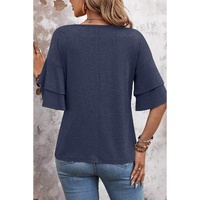 Sail Blue Solid Colour V-Neck Double Layer Sleeve Loose T-Shirt - L thumbnail
