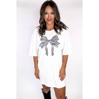 White Striped Bow Knot Half Sleeve Tunic T Shirt - M thumbnail
