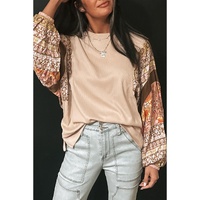 Parchment Contrast Floral Patchwork Puff Sleeve Waffle Knit Top - L thumbnail