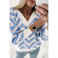 Sky Blue Zigzag Striped Print V Neck Oversized Top - L thumbnail