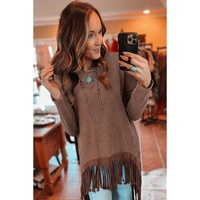 Coffee Waffle Knit Fringed High Low Loose Top - L thumbnail