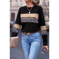 Khaki Leopard Colorblock Patchwork Crew Neck Long Sleeve Tee - L thumbnail