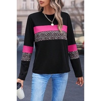 Rose Leopard Colorblock Patchwork Crew Neck Long Sleeve Tee - L thumbnail