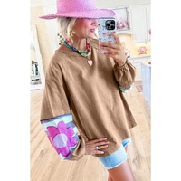 Dune Flower Patchwork Raglan Sleeve Exposed Seam Oversized Top - 2XL thumbnail