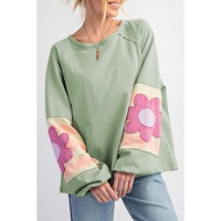 Smoke Green Flower Patchwork Raglan Sleeve Exposed Seam Oversized Top - L thumbnail