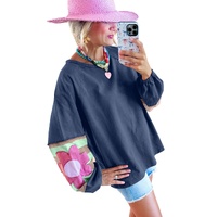 Sail Blue Flower Patchwork Raglan Sleeve Exposed Seam Oversized Top - 2XL thumbnail