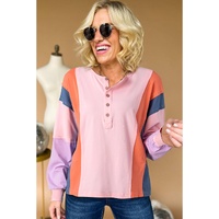 Pink Colorblock Long Sleeve Buttons Henley Top - L thumbnail