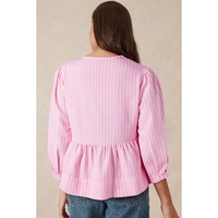 Pink Stripe Bowknot Front Crew Neck Puff Sleeve Blouse - L thumbnail