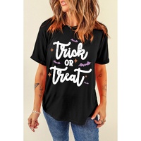 Black Trick Or Treat Bat Print Crew Neck Halloween T Shirt - 2XL thumbnail