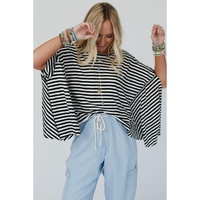 Black Stripe Batwing Sleeve Crewneck Oversized Top - L thumbnail