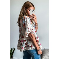 White Boho Floral Print Round Neck Ruffle Trim Blouse - S thumbnail
