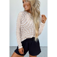 Khaki Checkered Pattern Mesh Mock Neck Long Sleeve Top - L thumbnail
