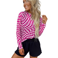 Rose Checkered Pattern Mesh Mock Neck Long Sleeve Top - L thumbnail