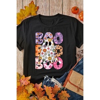 Black BOO Floral Ghost Print Crew Neck Halloween T Shirt - S thumbnail