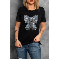Black Rhinestone Bowknot Graphic Crewneck T Shirt - S thumbnail