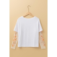 White Faux Two Piece Floral Long Sleeve Patchwork Tee - XL thumbnail