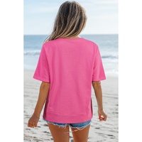 Strawberry Pink Contrasting Color Ribbon Bow Front Patch Loose Tee with Slits - L thumbnail