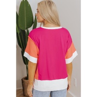 Rose Red Color Block Patchwork Side Slits Loose Fit T Shirt - L thumbnail