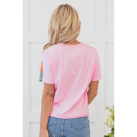 Pink Color Block Patchwork Seamed Crewneck T Shirt - M thumbnail