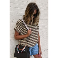 Brown Stripe Textured Side Slits Crew Neck T Shirt - L thumbnail
