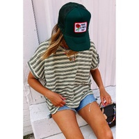 Green Stripe Textured Side Slits Crew Neck T Shirt - L thumbnail