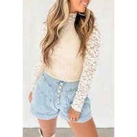 Beige Floral Lace Patchwork Long Sleeve High Neck Slim Top - S thumbnail