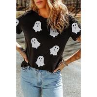 Black Glitter Ghost Pattern Crew Neck Halloween T Shirt - L thumbnail