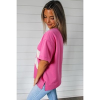 Sachet Pink Contrast Flower Drop Shoulder Loose T Shirt - L thumbnail
