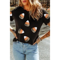 Black Sequin Triangle Patched Pattern Halloween T Shirt - L thumbnail