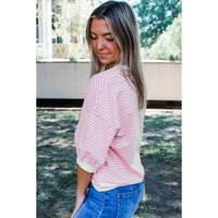 Pink Striped 3/4 Sleeve Drop Shoulder Top - L thumbnail