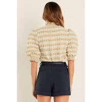 Beige Textured Mock Neck Short Sleeve Blouse - L thumbnail