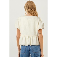 White Textured Bow Ties Front Bubble Hem Puff Short Sleeve Blouse - L thumbnail