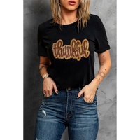 Black Sequined Thankful Round Neck Graphic Tee - M thumbnail