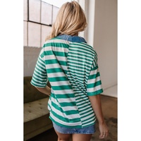 Green Stripe Colorblock Collar Half Buttons T Shirt - L thumbnail